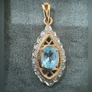14KP GOLD, DIAMONDS & LARGE AQUAMARINE PENDANT 2 Toned Victorian